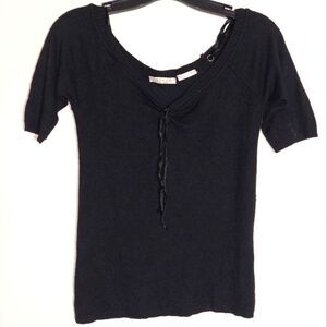 Takezo Designer Off the Shoulder Short Sleeve Viscose Blend Thin Sweater Black